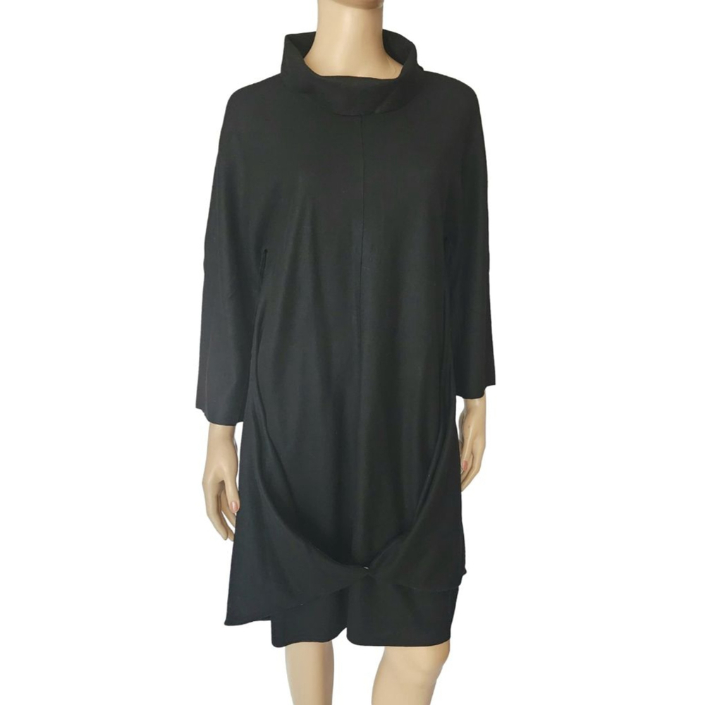 OSKA Constructed Cowl Neck Wool A-Line Dress Pockets Long Sleeve Black